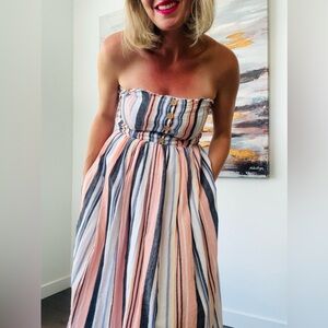 FREE PEOPLE Lilah Pleated Multicolor Striped Tube MIDI Dress
